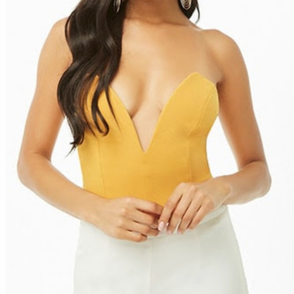 Strapless V-Wire Knit Bodysuit Mustard Yellow